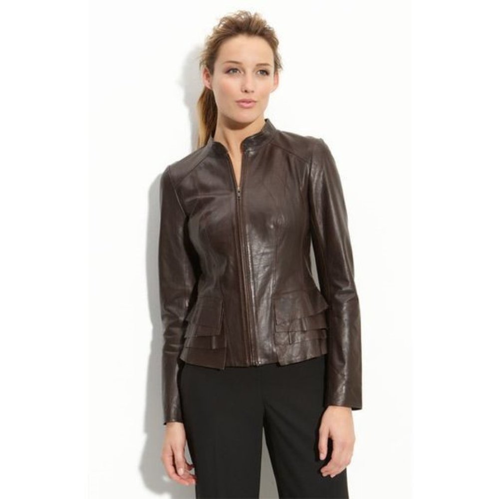 Leather Coat With Ruffle Detail - Picture 1 of 11